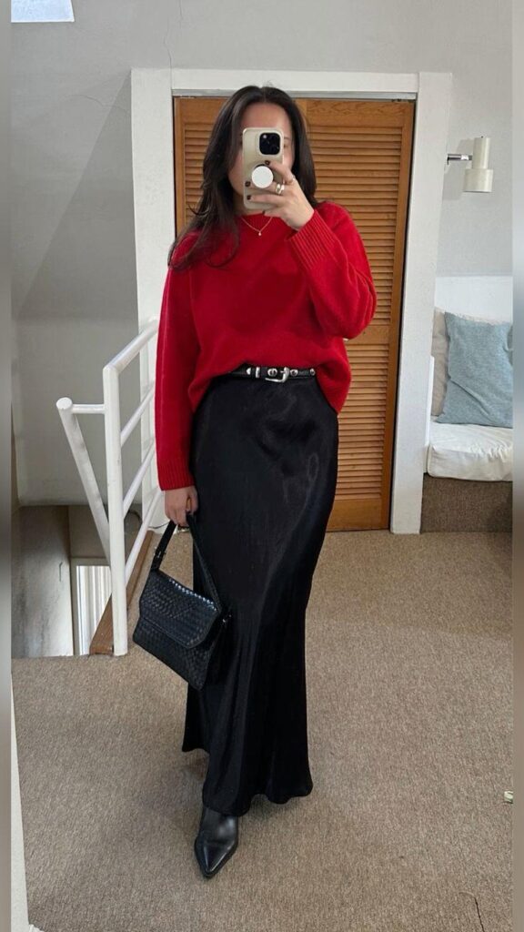 winter satin skirt outfits with red