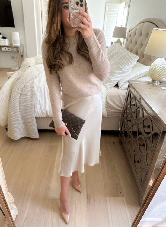 satin skirt winter outfit