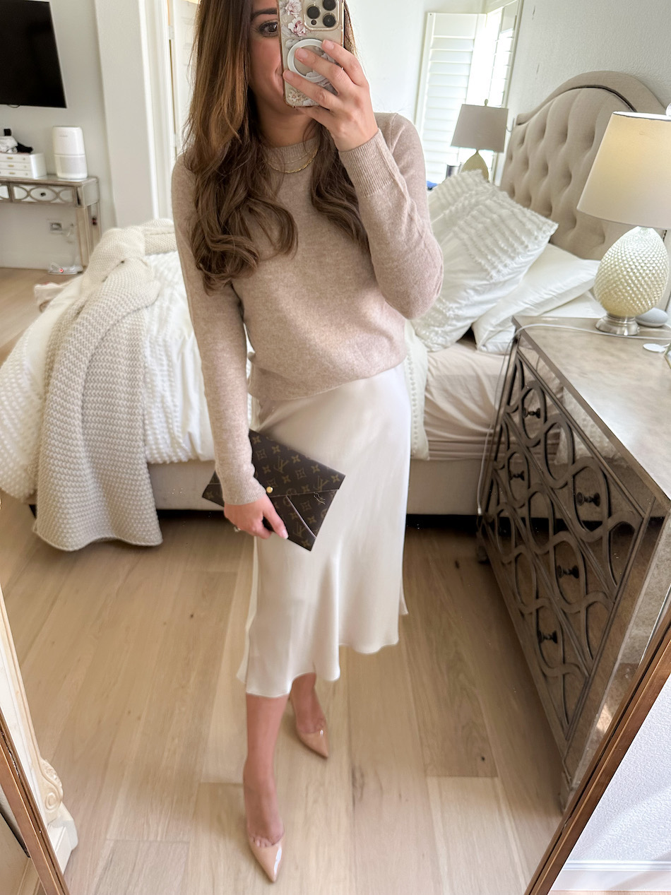 satin skirt winter outfit