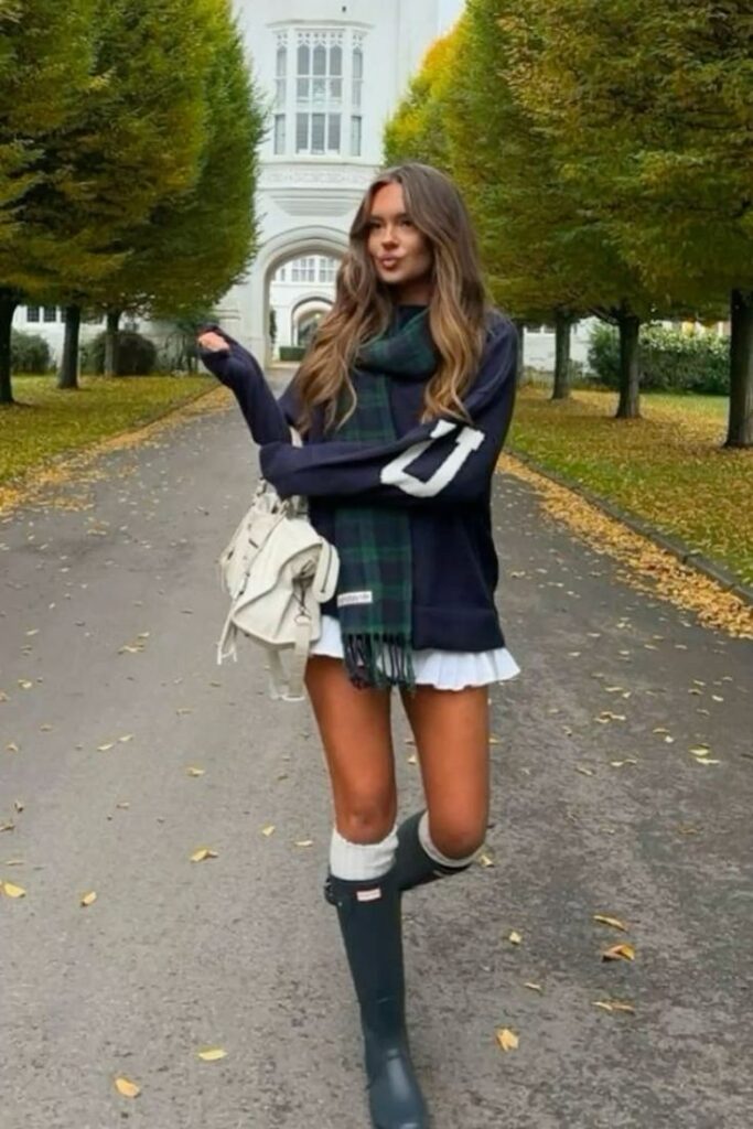 rain boots with skirt outfit