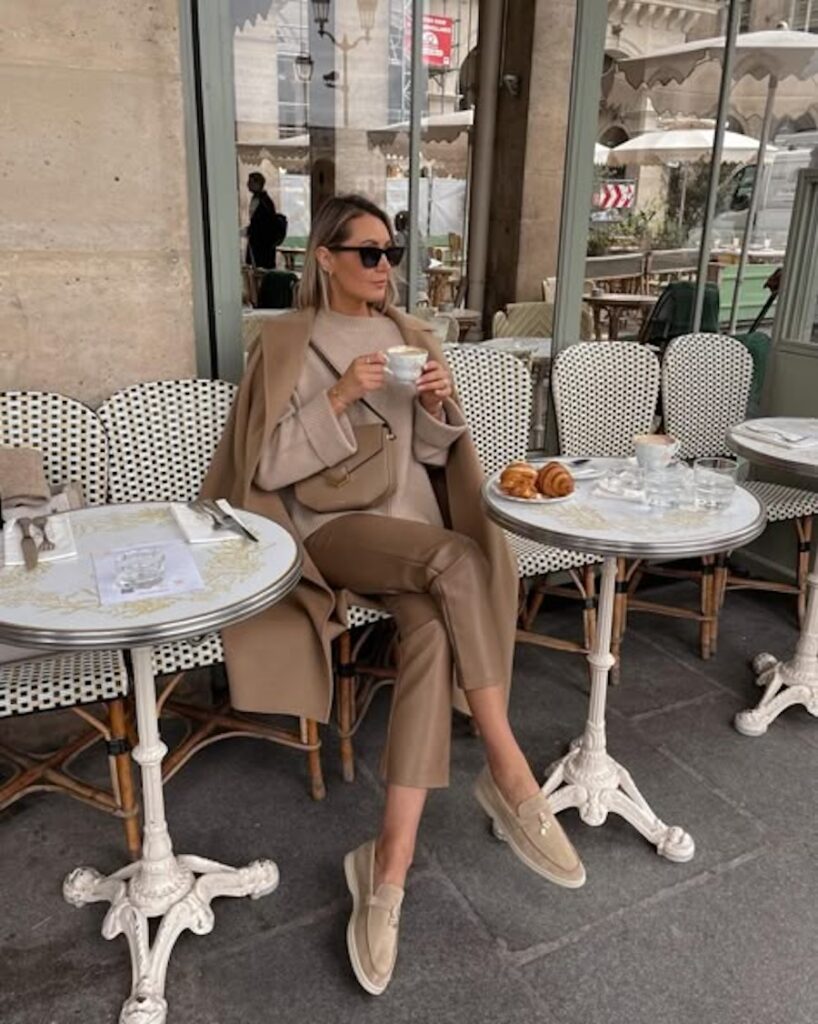 monochromatic outfit beige sweater pants and coat