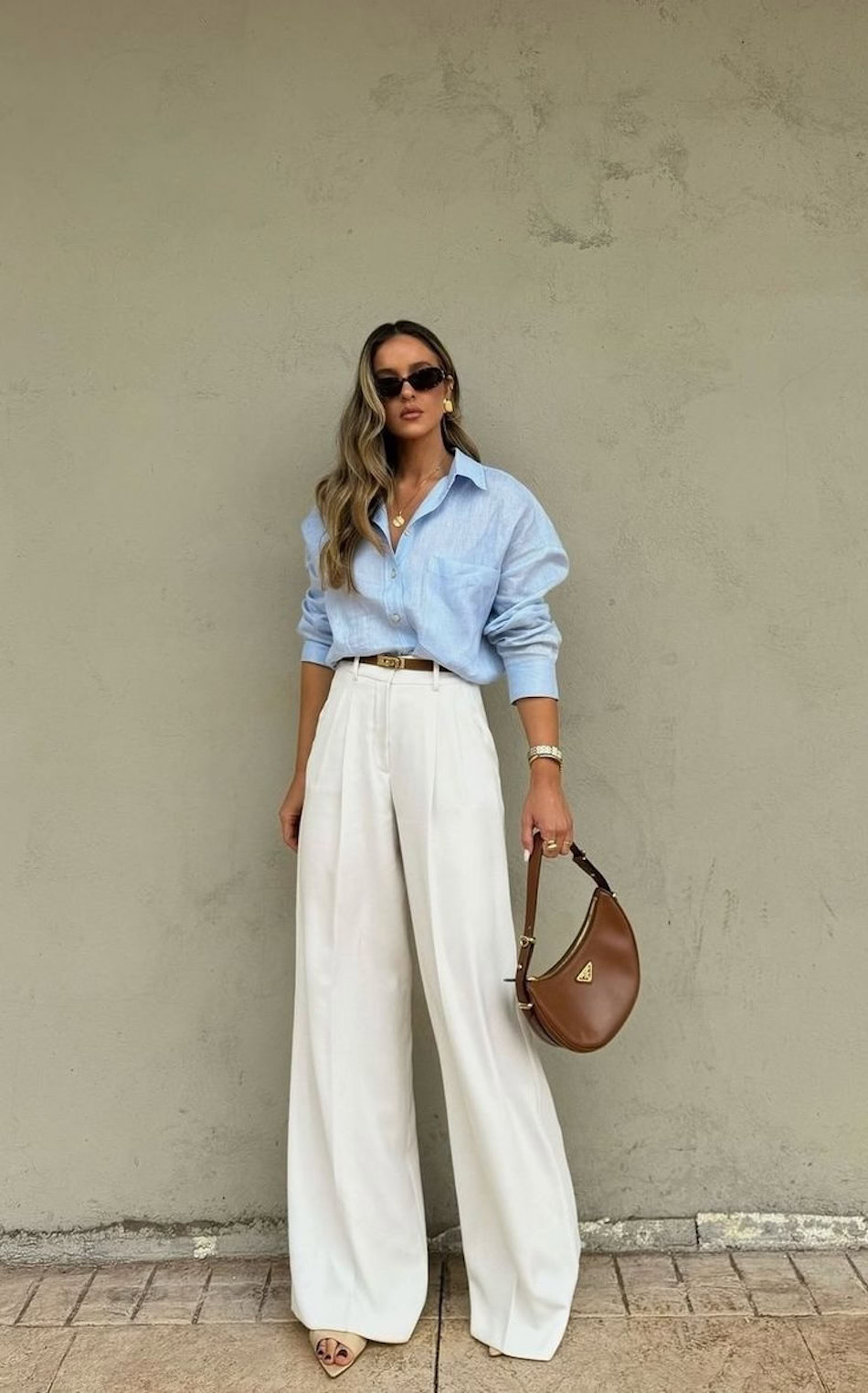 blue buton down cream pants