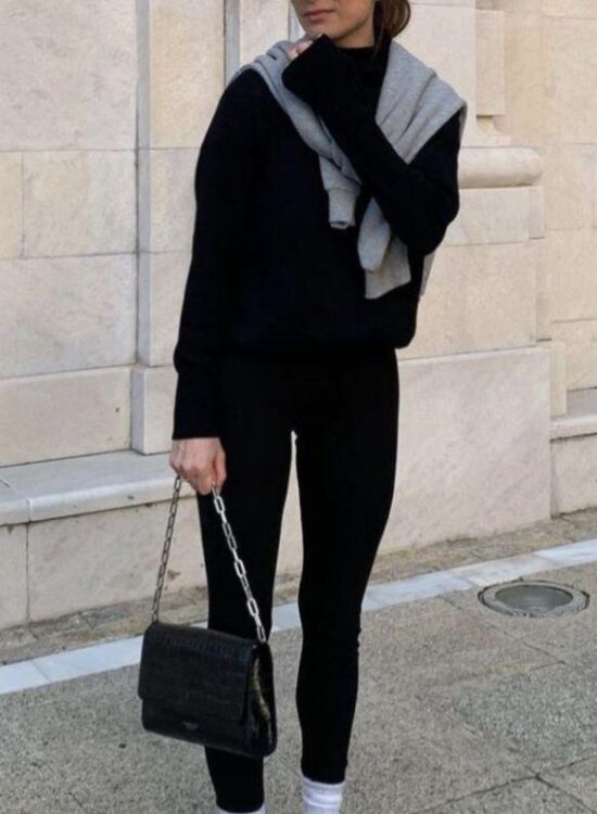 school drop off outfit black leggins and hat