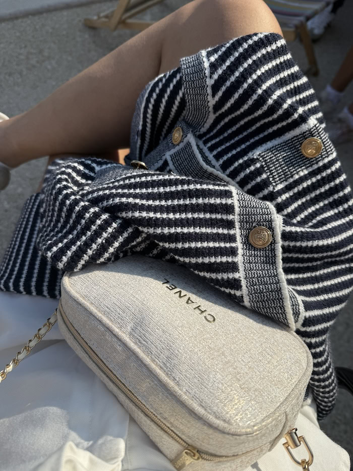 Close-up of Urban Revivo navy and white striped tweed knit cardigan with gold buttons, French Riviera vacation layering piece