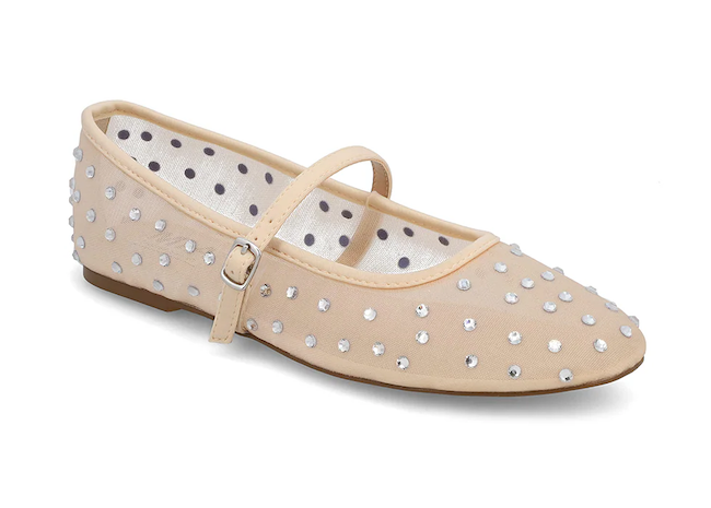 MIA rhinestone stud ballet flat in nude with ankle strap, European vacation shoe for French Riviera travel