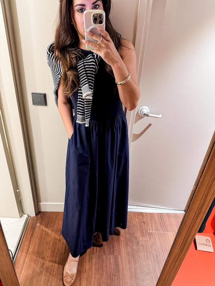 The Drop mixed fabric tank dress in navy, styled with a striped cardigan, mirror selfie outfit photo