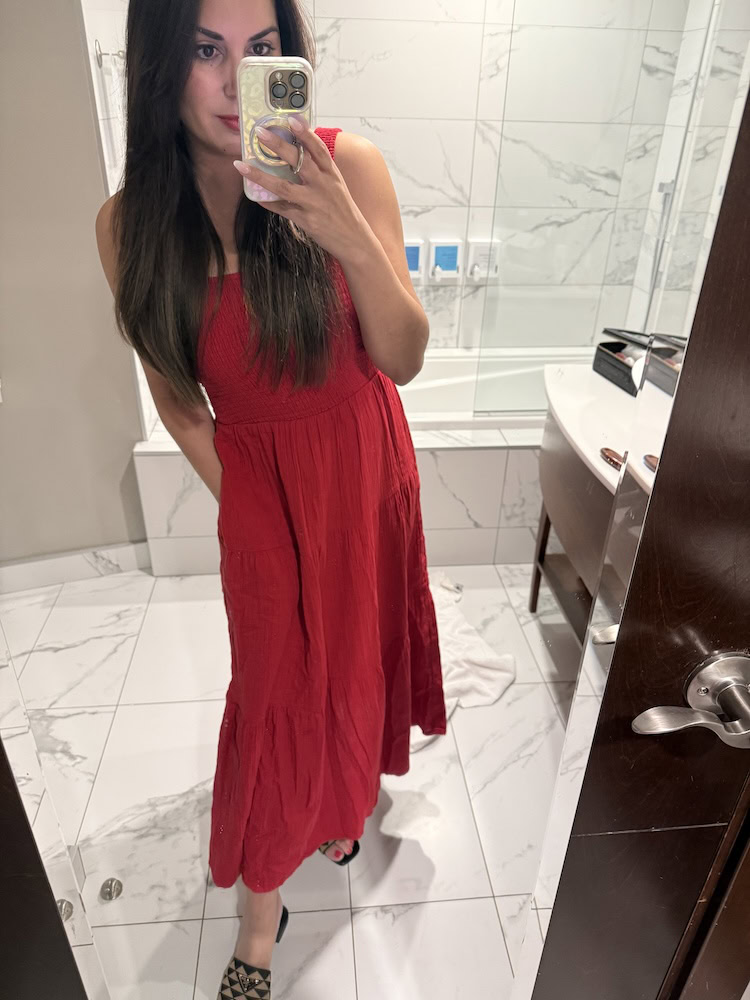 Quince organic cotton smocked maxi dress in red, worn as a mirror selfie outfit photo