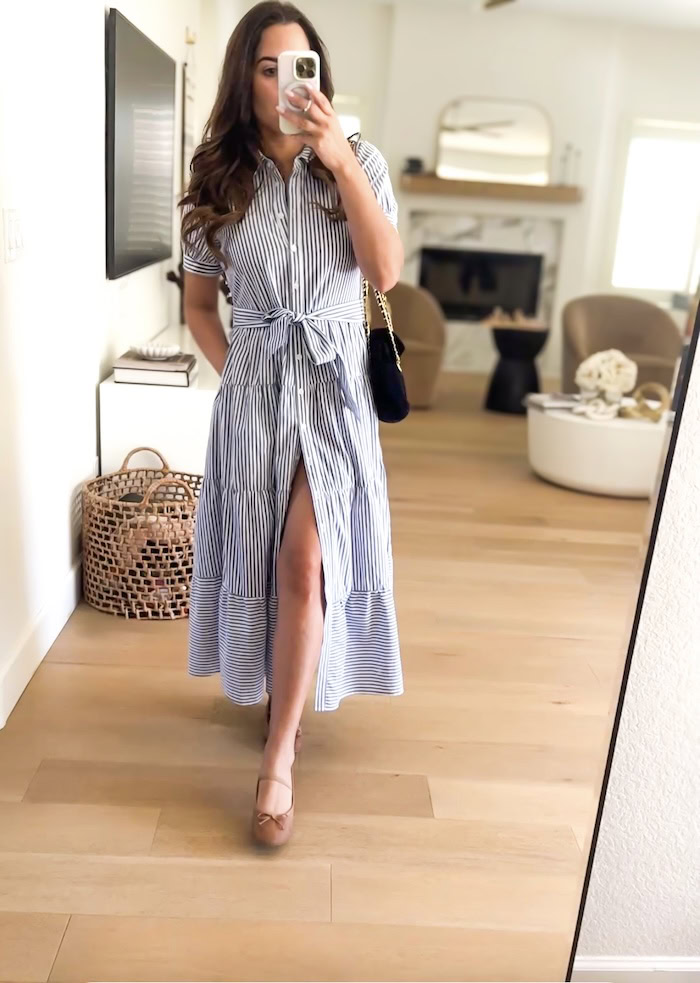 UTCOCO striped button-down maxi shirt dress with tie waist, styled with ballet flats and a navy bag, French Riviera vacation outfit