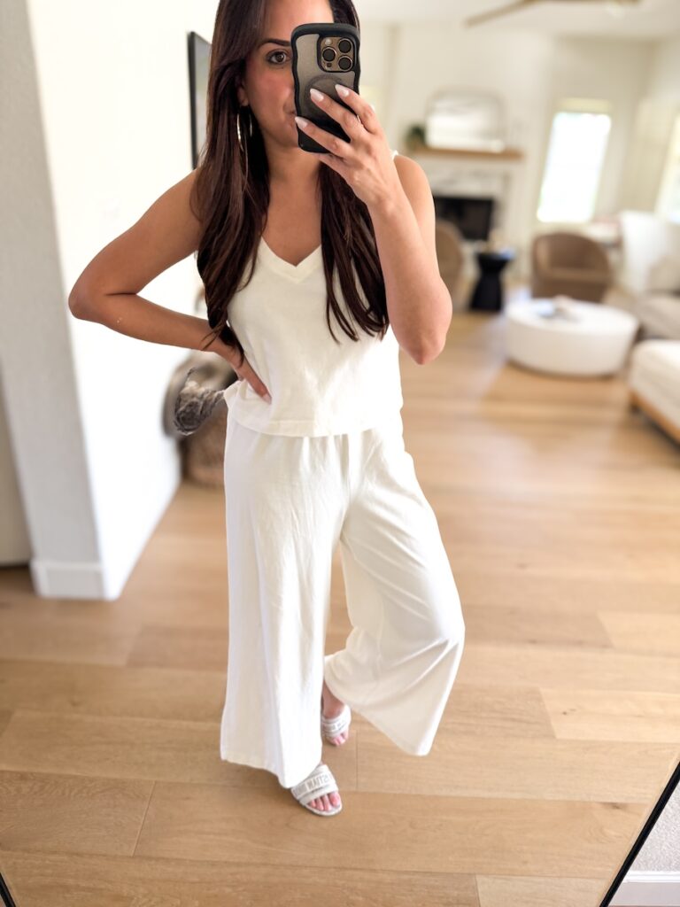 Z Supply Sloane cotton jersey wide-leg pants in white with white sandals, vacation outfit